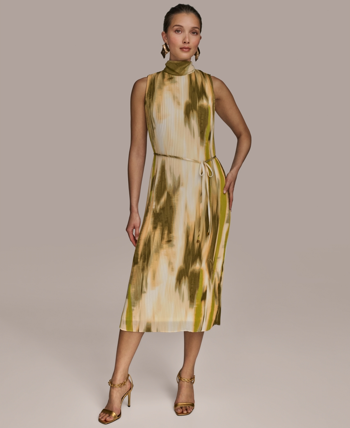 Women's Chiffon Printed Mock-Neck Midi Dress - Smokey Olive Multi