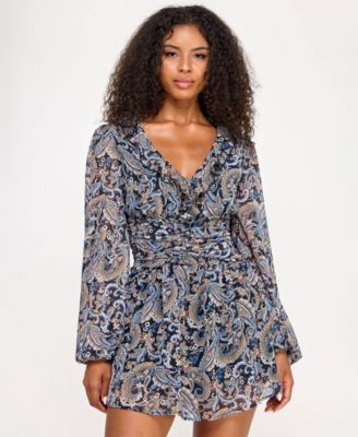 City Studios - Juniors' Printed Long-Sleeve Fit & Flare Dress