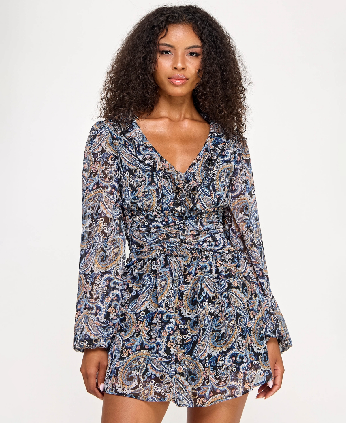 Juniors' Printed Long-Sleeve Fit & Flare Dress - Oxford