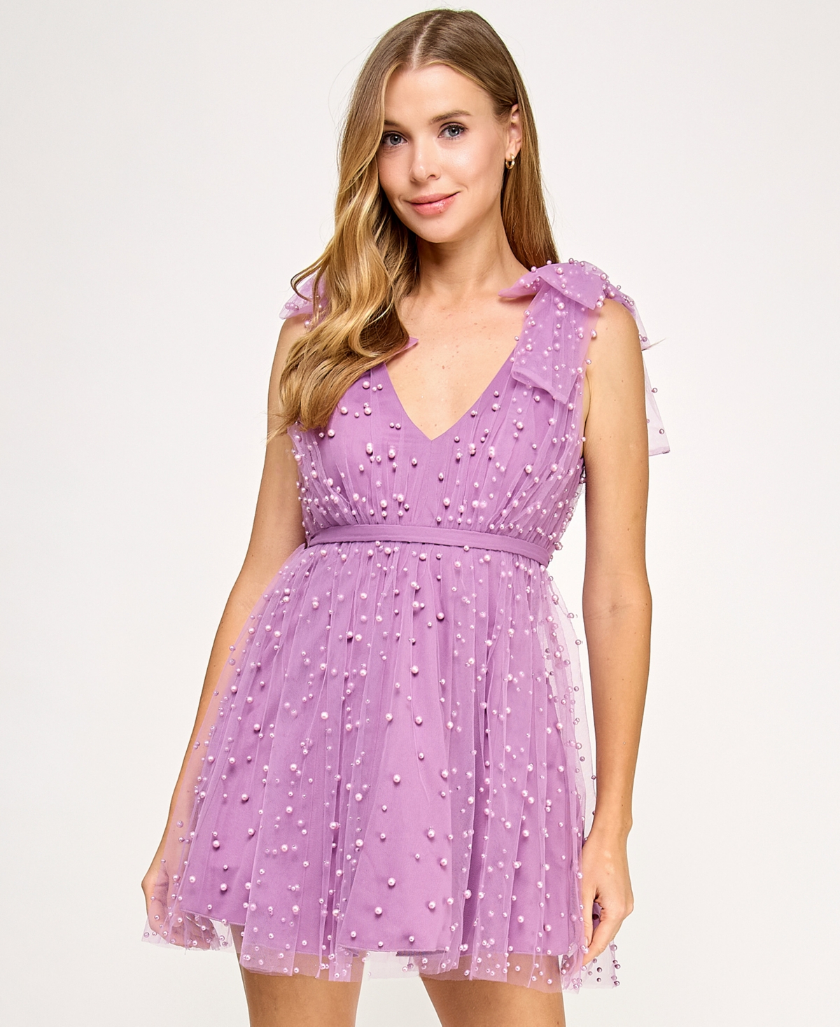 Juniors' Embellished Mesh Fit & Flare Dress - Lilac
