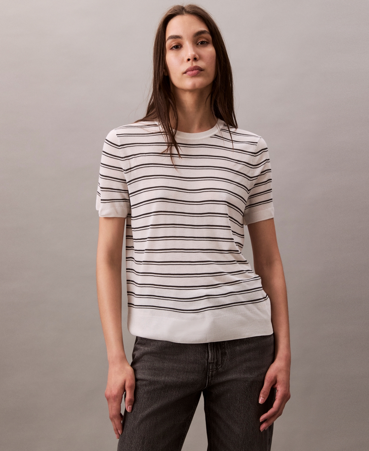 Calvin Klein Women's Short-sleeve Striped Sweater In White