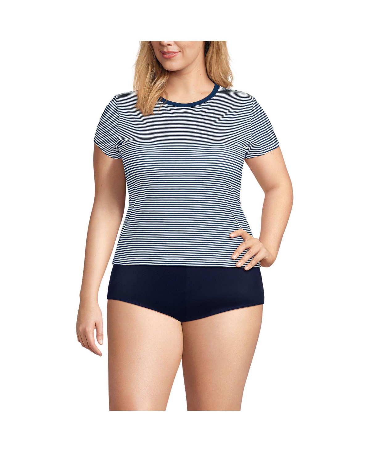 Plus Size SunShade Upf 50 Cap Sleeve Fitted with Built in Bra Rash Guard - Deep sea navy mini stripe