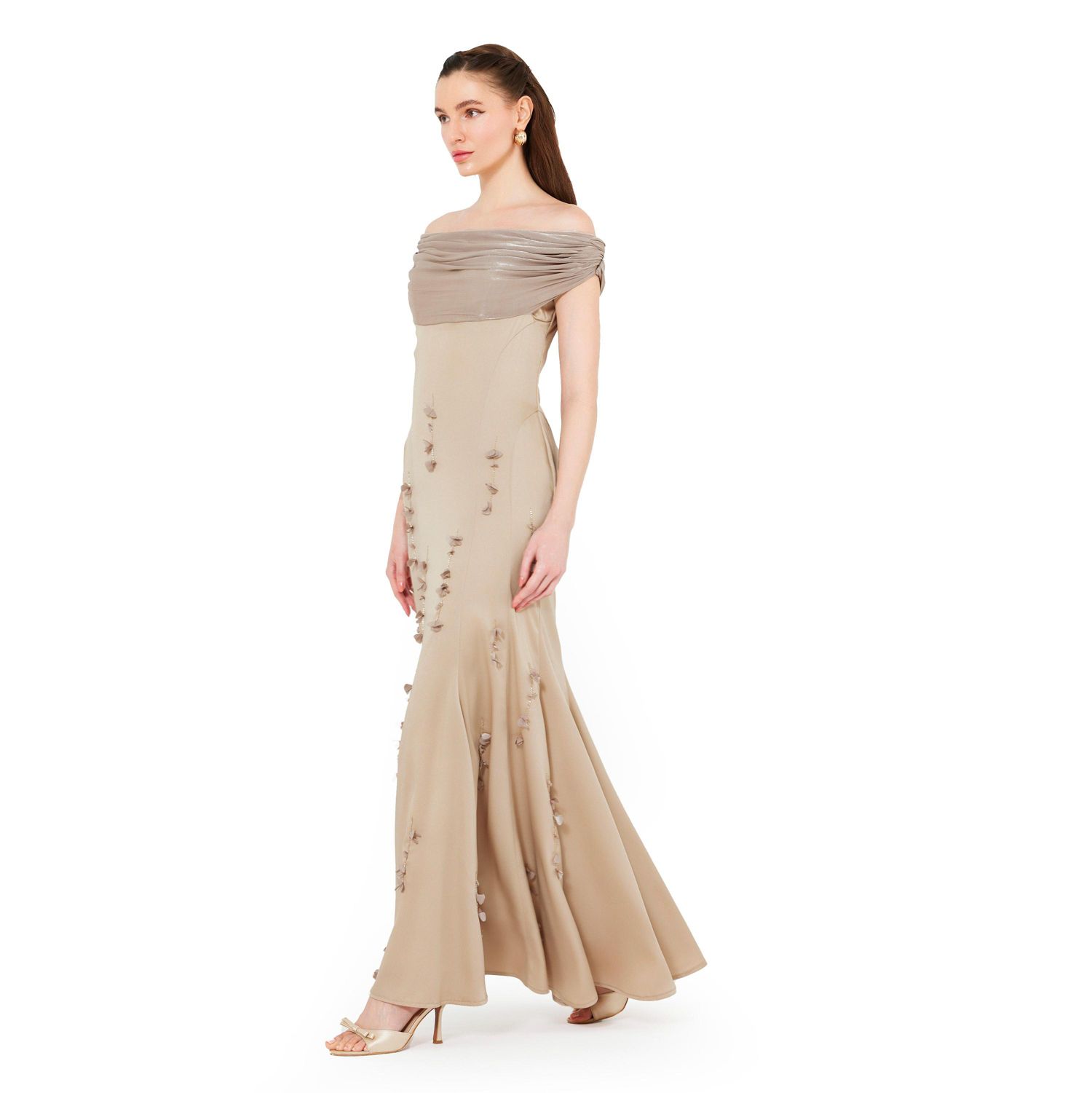 Women's Off-The-Shoulder Cowl Neckline Dress With Floral Embellishment