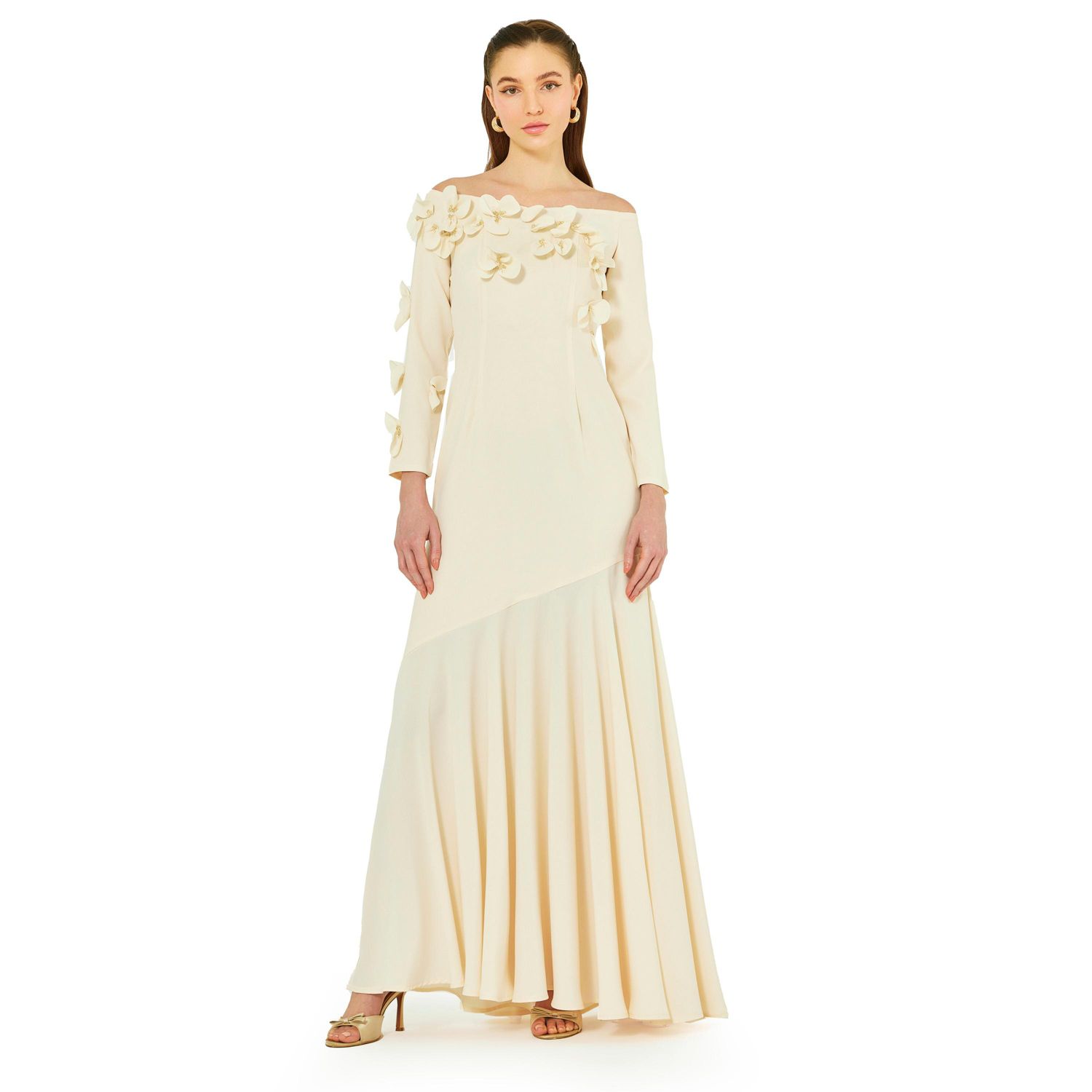 Women's Off-The-Shoulder Floral Embellished Flary Gown