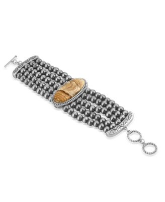 Sterling Silver Oval Picture Jasper Oval Cut Beaded Toggle Bracelet, Size, Size Large