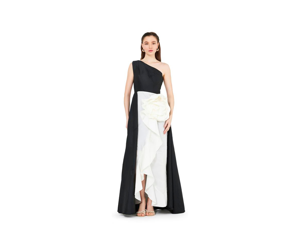 Women's One Shoulder Dress With Cascading Ruffle Flower Detail - Black