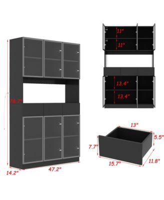 Bookshelf/Pantry with Glass Door and LED Lights for Living Room/Kitchen