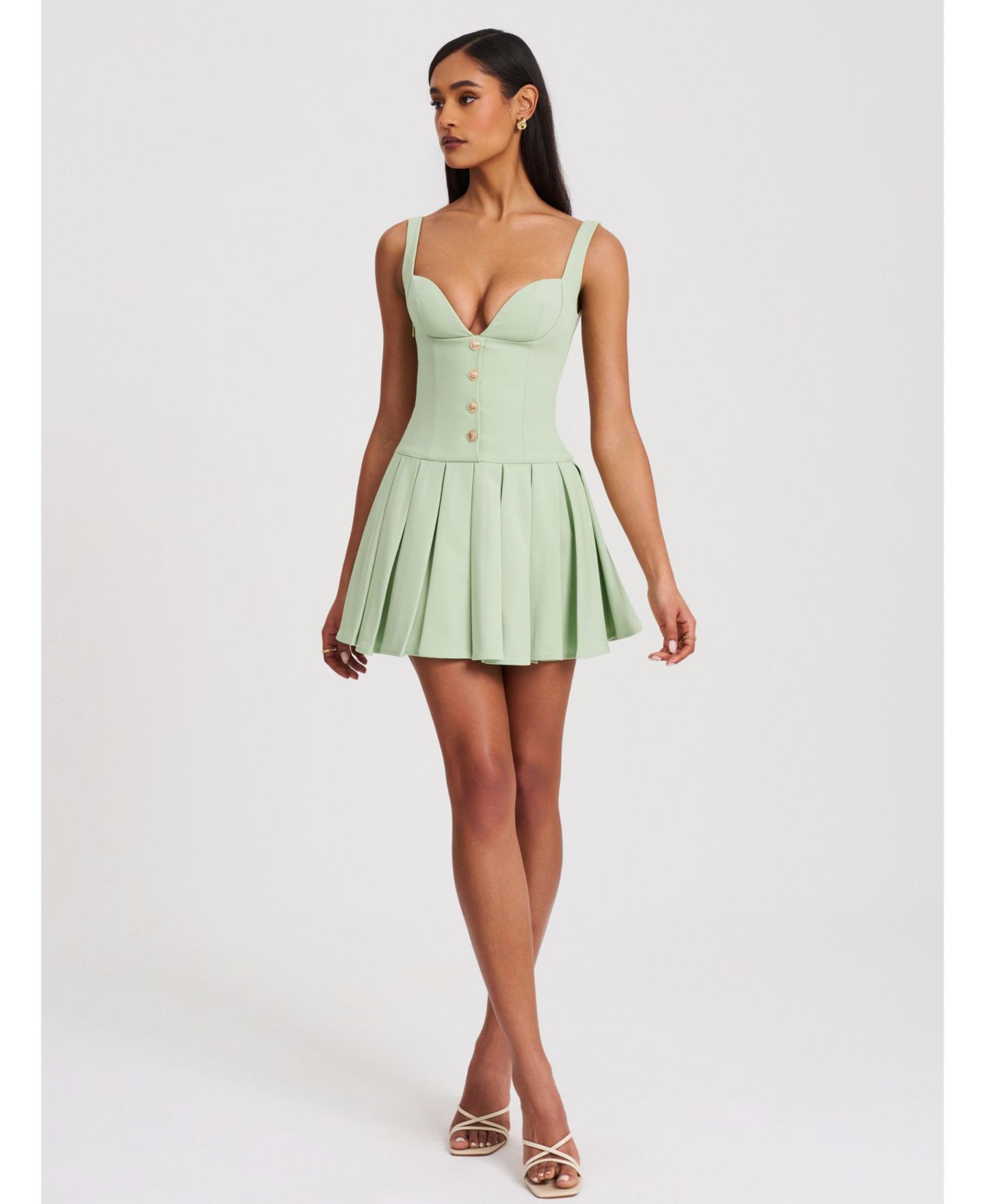 Женское платье Miss Circle Tala Pistachio Green Sleeveless Pleated Preppy Mini, цвет: Фисташковый зелёный — фото 8