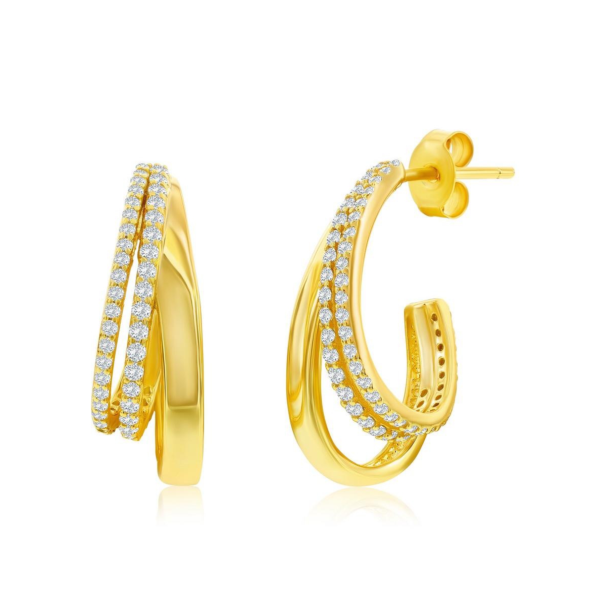 Sterling Silver, Triple Row Cz & Polished Half Hoop Earrings - Gold
