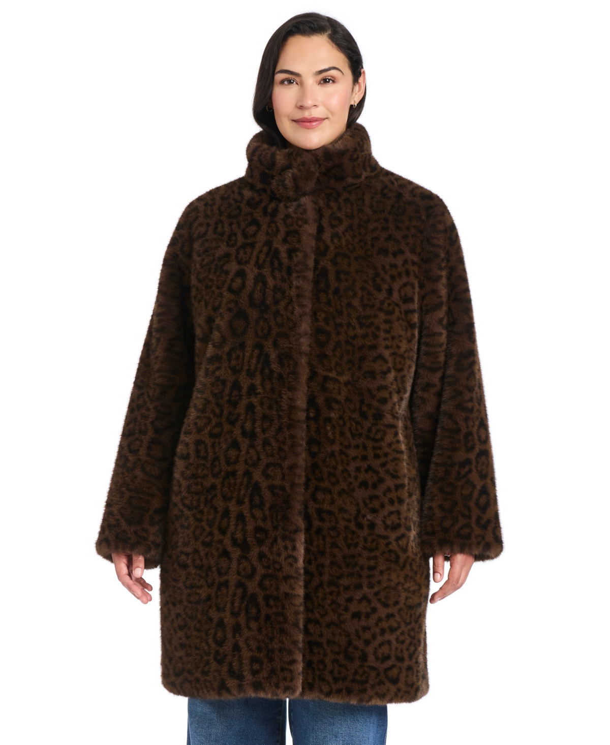 Jones New York Womens Collared Faux Fur Coat P Xs Xxl In Brown