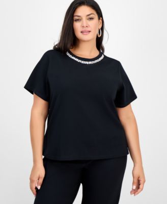 I.N.C. International Concepts - Plus Size Cotton Embellished-Neck Top
