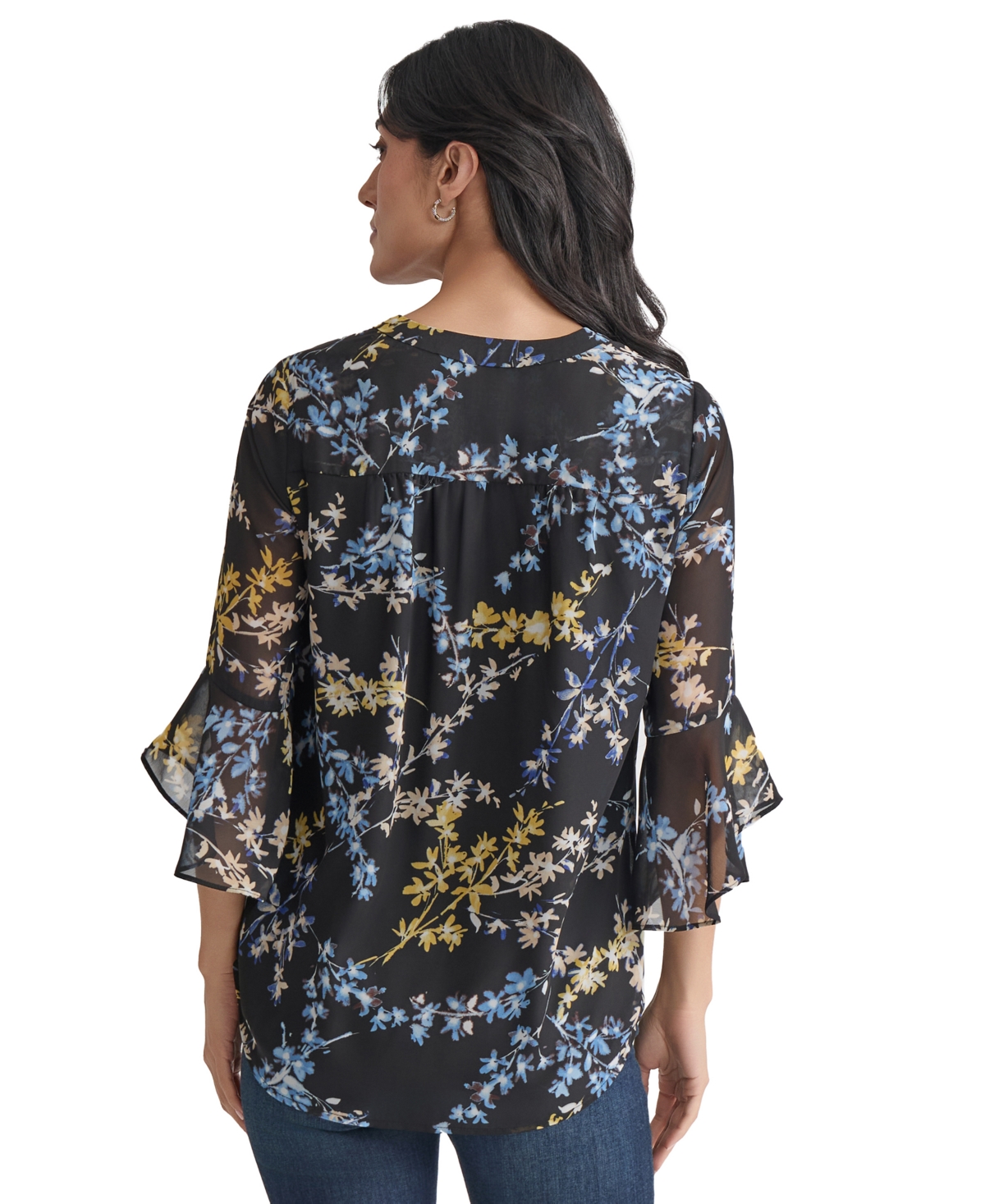 Jones New York Women's Sheer-flutter-sleeve Y-neck Blouse In Multi