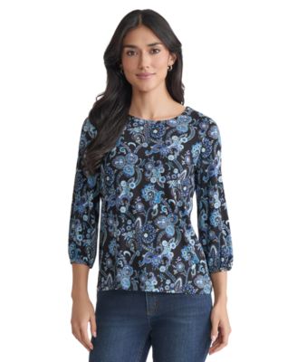 Jones New York - Women's Paisley-Print Puff-Sleeve Crewneck Top