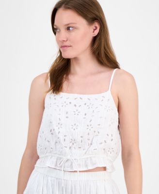 Women's Cotton Straight-Neck Cutwork Tank Top