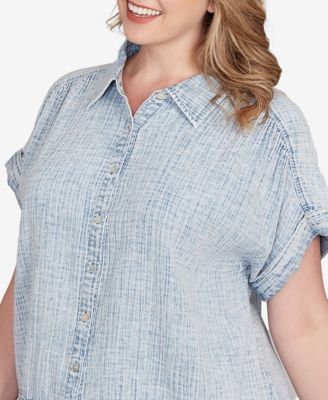 Plus Size Snow Washed Crochet Hem Collared Shirt