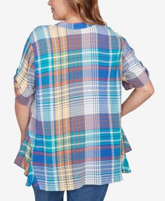 Plus Size Crinkle Knit Plaid Button Down Top