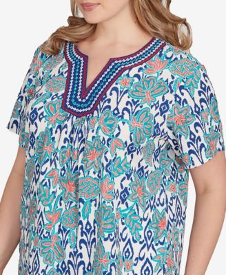 Plus Size Floral Overlay Ikat Embroidered Top