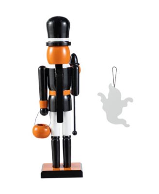 Halloween Wooden Pumpkin Nutcracker with Ghost Ornament, Set of 2