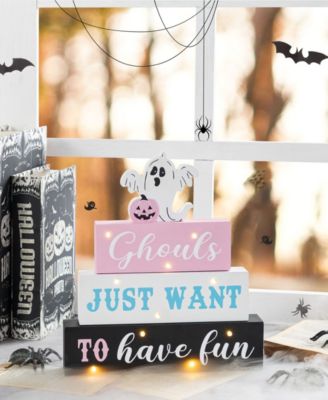 11.75" Halloween Lighted Pink Wooden Ghost Block Word Sign