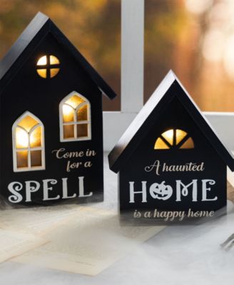 Lighted Halloween Wooden House-shaped Table Decor, Set of 2