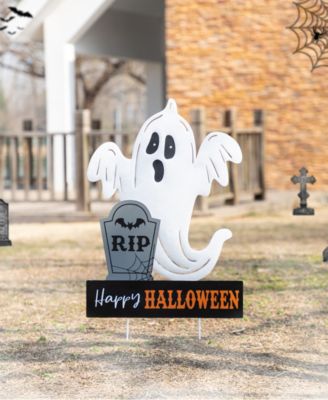 32.25" Lighted Halloween Metal Ghost Tombstone Yard Stake with Timer