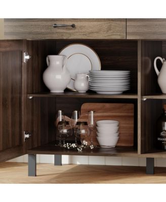 Wooden Storage Cabinet with Marble Pattern, Two Doors, Two Drawers and Pantry Function