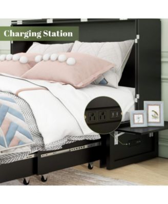 Murphy Bed Cabinet, Queen Murphy Bed with USB and Charging Ports, with Drawer Includes Storage Cabinet Suit for Guest Room, Black Walnut Cabinet Bed