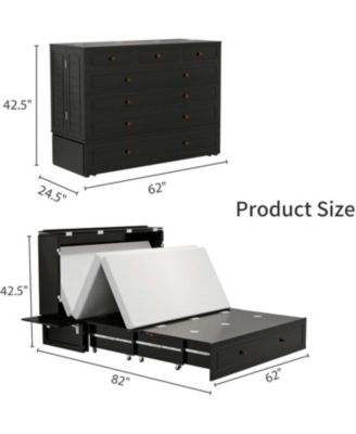 Black queen Murphy bed with 2 drawers, 2 shelves, 2 USB ports, and 2 charging ports. Ideal for guest rooms and home offices