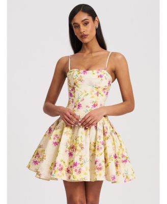 Women's Valda Yellow and Pink Print Linen Mini Dress with Pockets