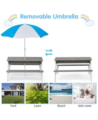 One 3-in-1 Kids Outdoor Wooden Picnic Table With Umbrella, Convertible Sand & Wate, Gray ASTM & CPSIA CERTIFICATION