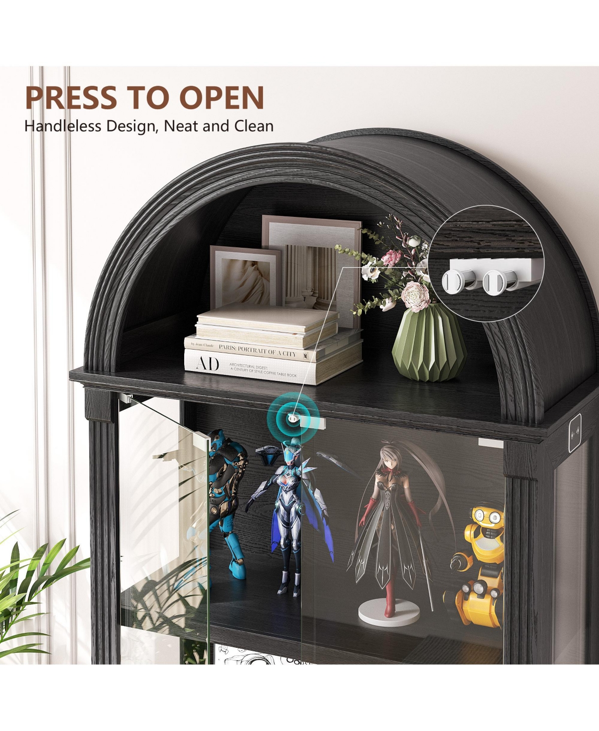 Vlsrka 4-tier shelves, motion sensor lights, 72" arched glass display cabinet.