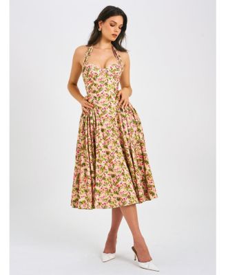 Women Niya Floral Print Linen Halter Corset Maxi Dress