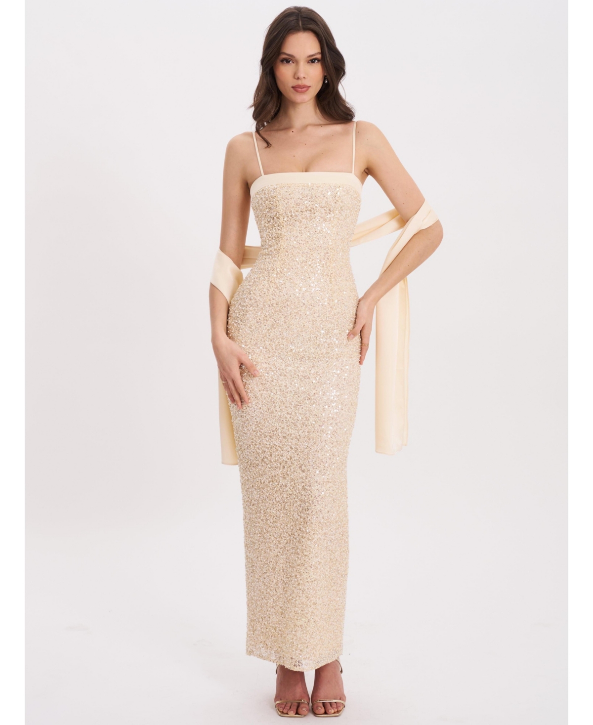 Women's Raizel Gold Beaded Sequin Bodycon Gown with Scarf - Gold