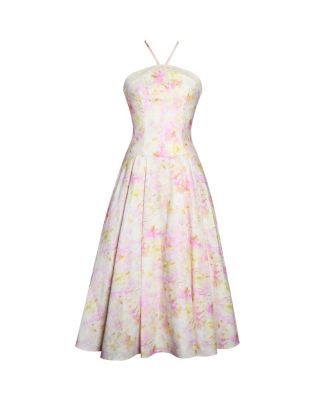 Women's Zaina Yellow Pink Floral Print Lace Trim Linen Midi Dress
