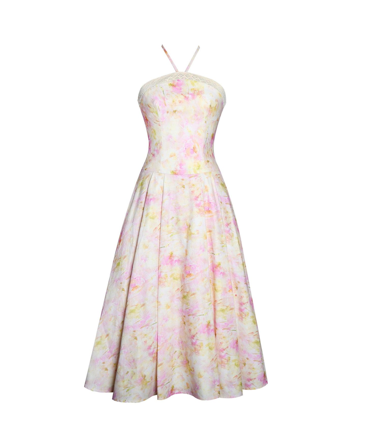 Женское платье Miss Circle Zaina Yellow Pink Floral Print Lace Trim Linen Midi, цвет: Розовый с принтом — фото 10