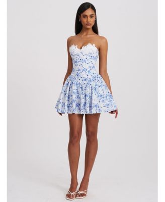 Women's Taleah Blue Floral Print Linen Mini Dress with Lace Trim