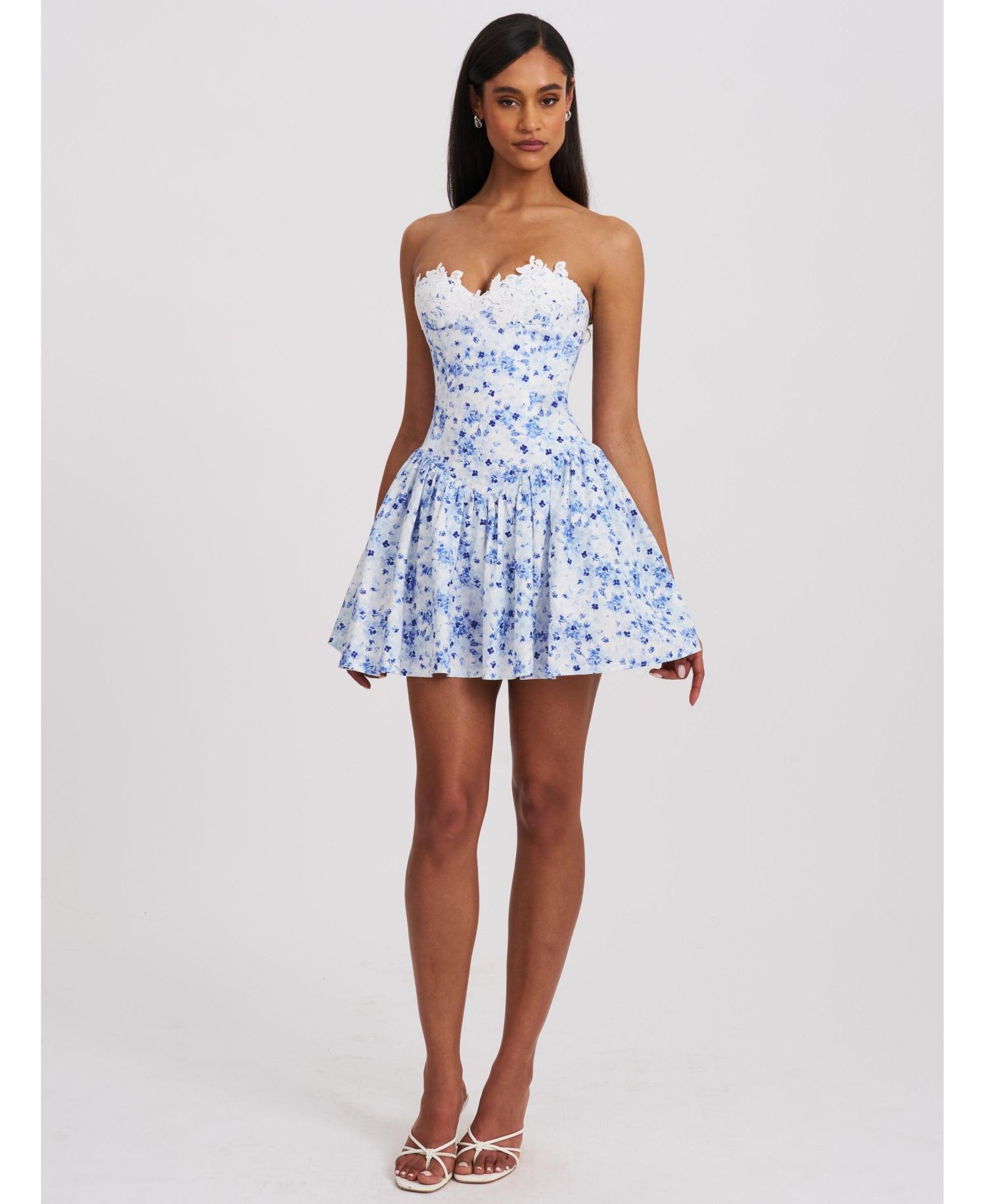 Women's Taleah Blue Floral Print Linen Mini Dress with Lace Trim