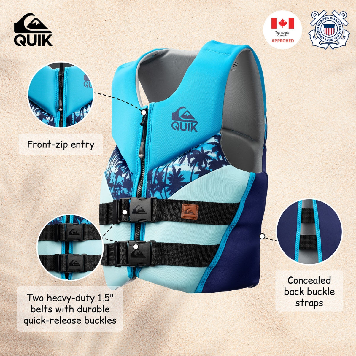 Quiksilver Uscg Approved Life Jacket, Evoprene Pfd Pvc Foam Swim Vest