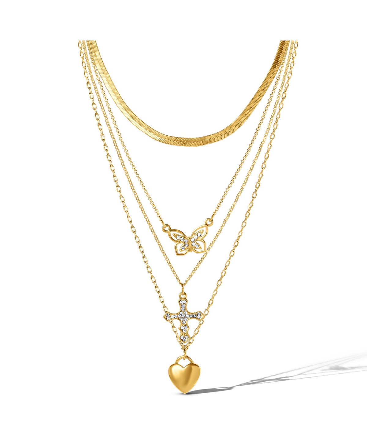 Layered Butterfly, Cross & Heart Pendant Necklace Set - Gold