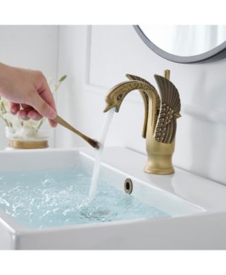 Swan Single Hole Single-Handle Bathroom Faucet And Pop Up Drain &amp; Overflow Cover in Antique Brass