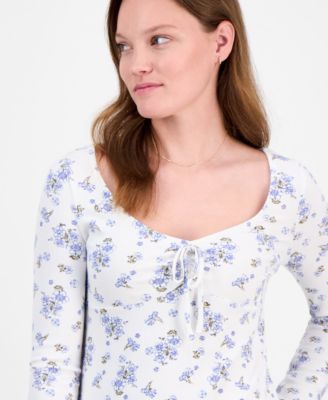 Self-Esteem Juniors' Printed V-Neck Rib Knit Long Sleeve