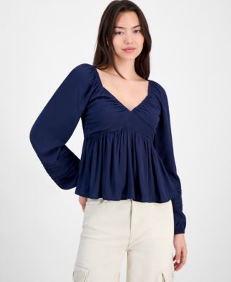 Self Esteem - Juniors' Ruched V-Neck Lace-Inset Blouse