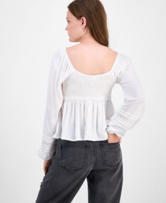 Juniors' Ruched V-Neck Lace-Inset Blouse