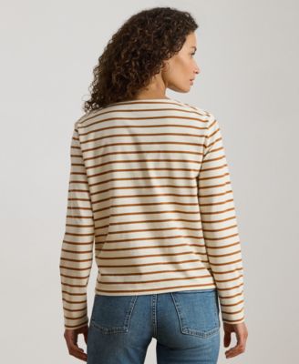 Petite Striped Jersey Snap-Trim Boatneck Top