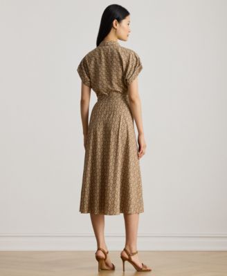Petite Geo-Print Belted Crepe Dress