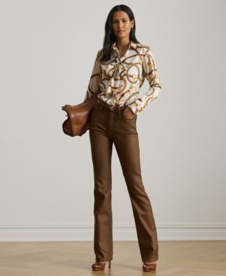 Petite Classic-Fit Print Twill Tie-Neck Shirt