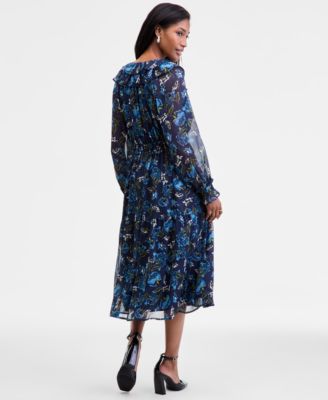 Women's Printed Ruffle-Trim Long-Sleeve Midi Dress, Macy's Exclusive 