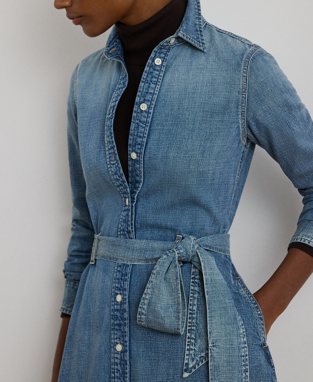 Ralph Lauren Petite Belted Denim Shirtdress In Blue