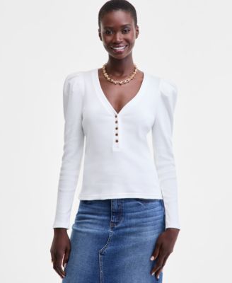 Women's Puff-Shoulder Long-Sleeve Henley T-Shirt, Macy's Exclusive
