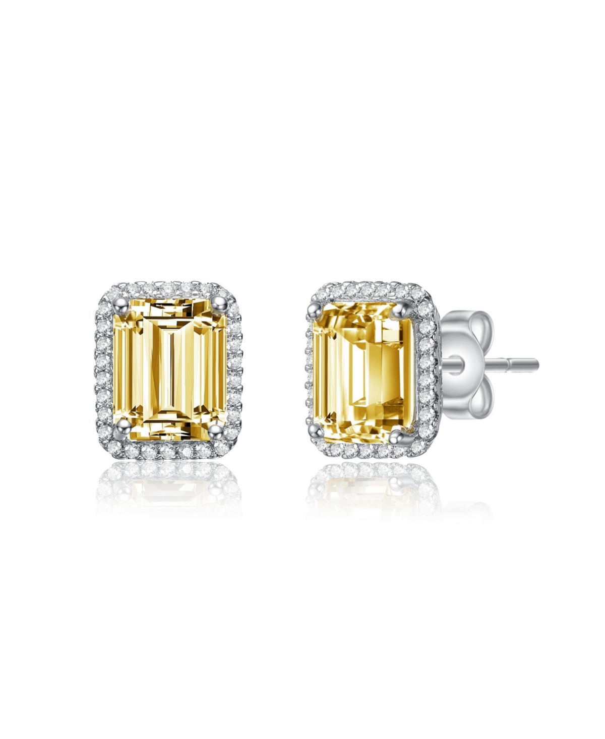 Sterling Silver White Gold Plated with Yellow Cubic Zirconia Square Halo Stud Earrings - Yellow